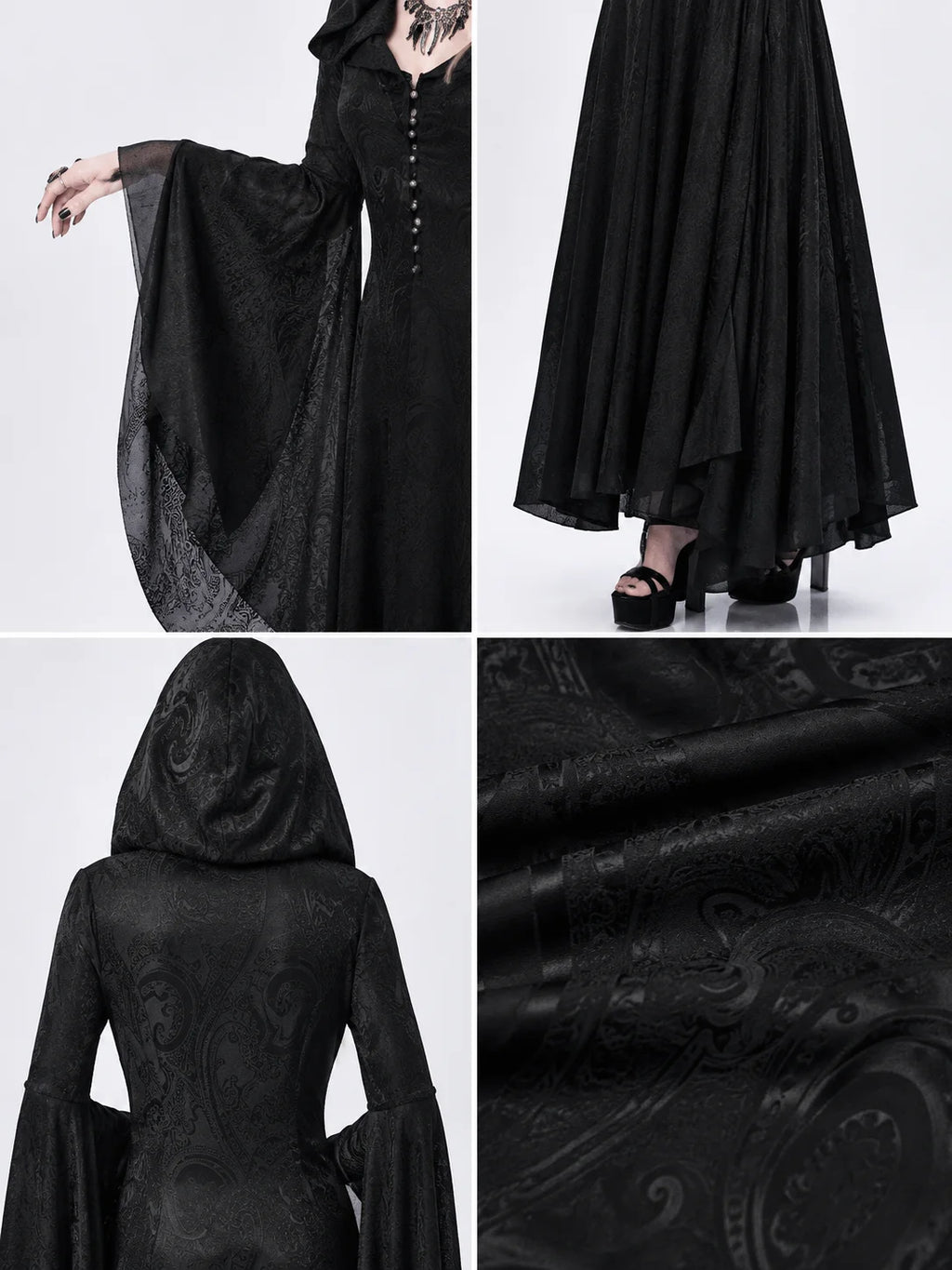 Women Gothic Witch Hooded Maxi Dress Bell Long Sleeve Jacquard Mesh V‑Neck Button Front Floor‑Length Gown Halloween Cosplay Costume for Party Carnival