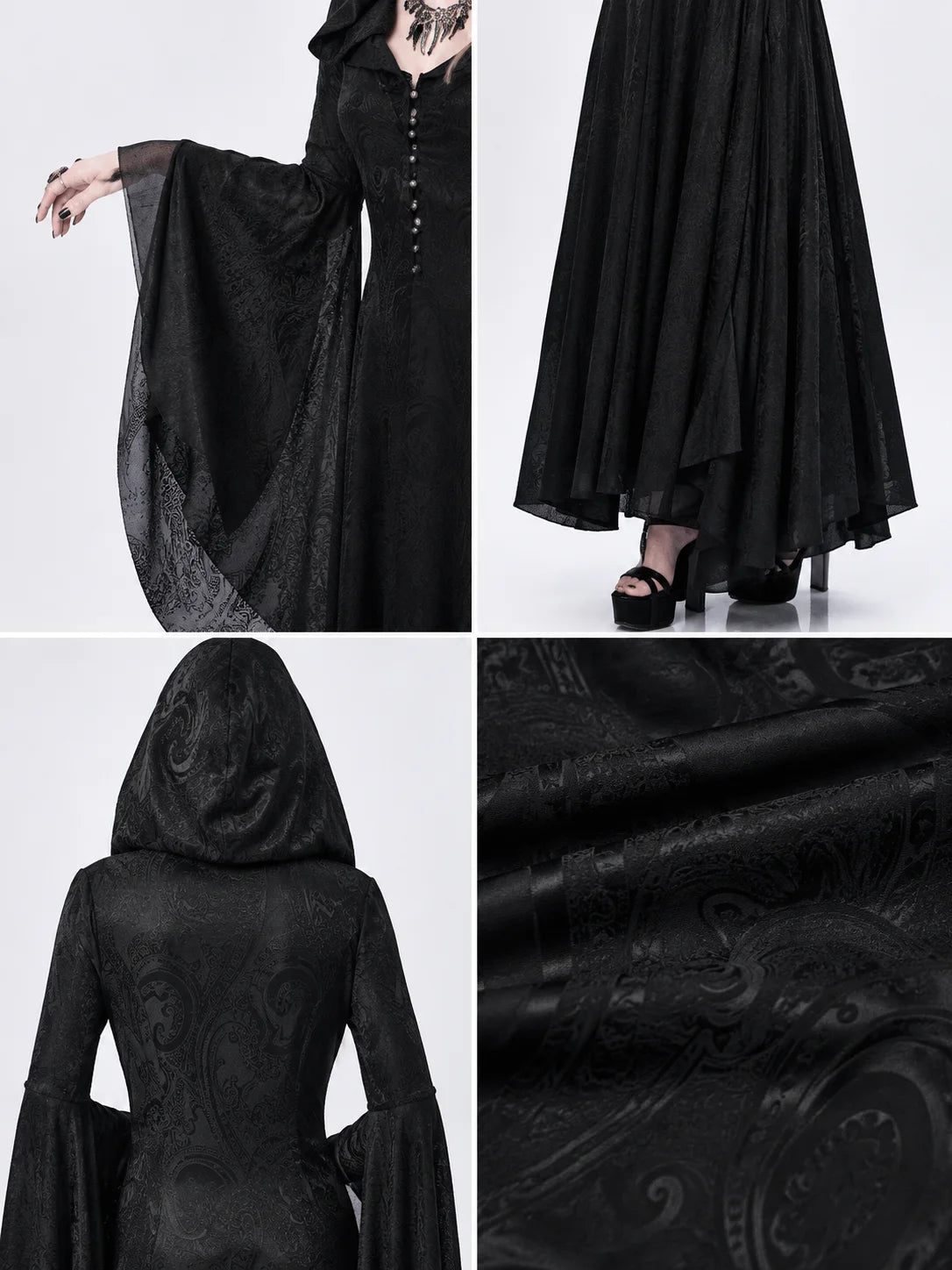 Women Gothic Witch Hooded Maxi Dress Bell Long Sleeve Jacquard Mesh V‑Neck Button Front Floor‑Length Gown Halloween Cosplay Costume for Party Carnival