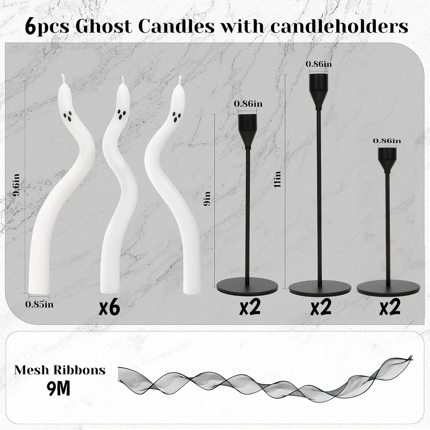3-6Pcs Twisting Ghost Candles with Candle Holders Ribbons Candlestick Holders Halloween centerpieces Party Table Fireplace Decor