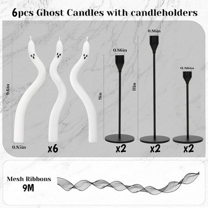 3-6Pcs Twisting Ghost Candles with Candle Holders Ribbons Candlestick Holders Halloween centerpieces Party Table Fireplace Decor