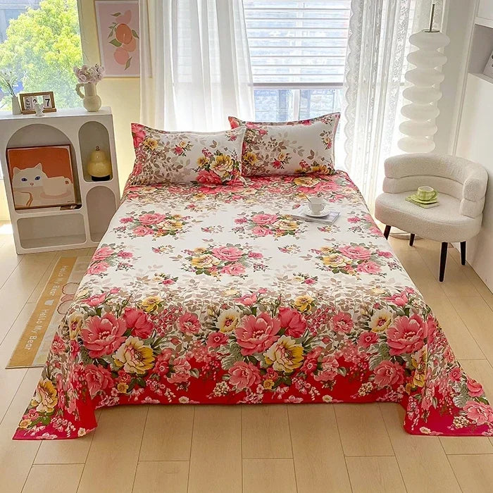 Red Floral Printed Flat Bed Sheet | Single-King