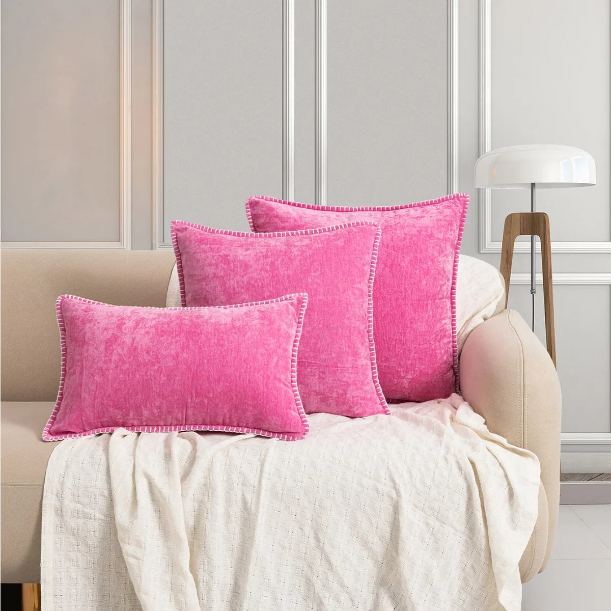 Pink Chenille Cushion Cover with Stitched Edge