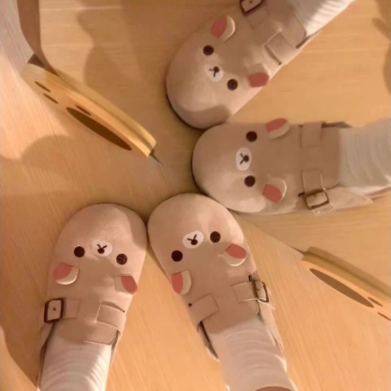 Fashion Women Boken Shoes  Retro Thick-Soled Super Comfortable Cute Exquisite Little Bear Design Outdoor Casual Half-Drag Flats