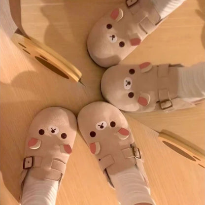 Fashion Women Boken Shoes  Retro Thick-Soled Super Comfortable Cute Exquisite Little Bear Design Outdoor Casual Half-Drag Flats