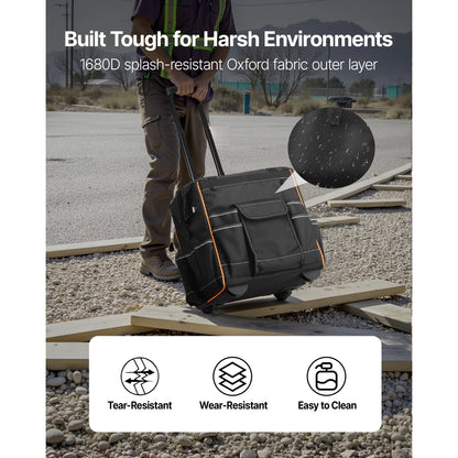 110Lbs Rolling Tool Bag 25 Pockets Roller Tool Bag on Wheels with Telescoping Handle Toolbag Organizer for Mechanic