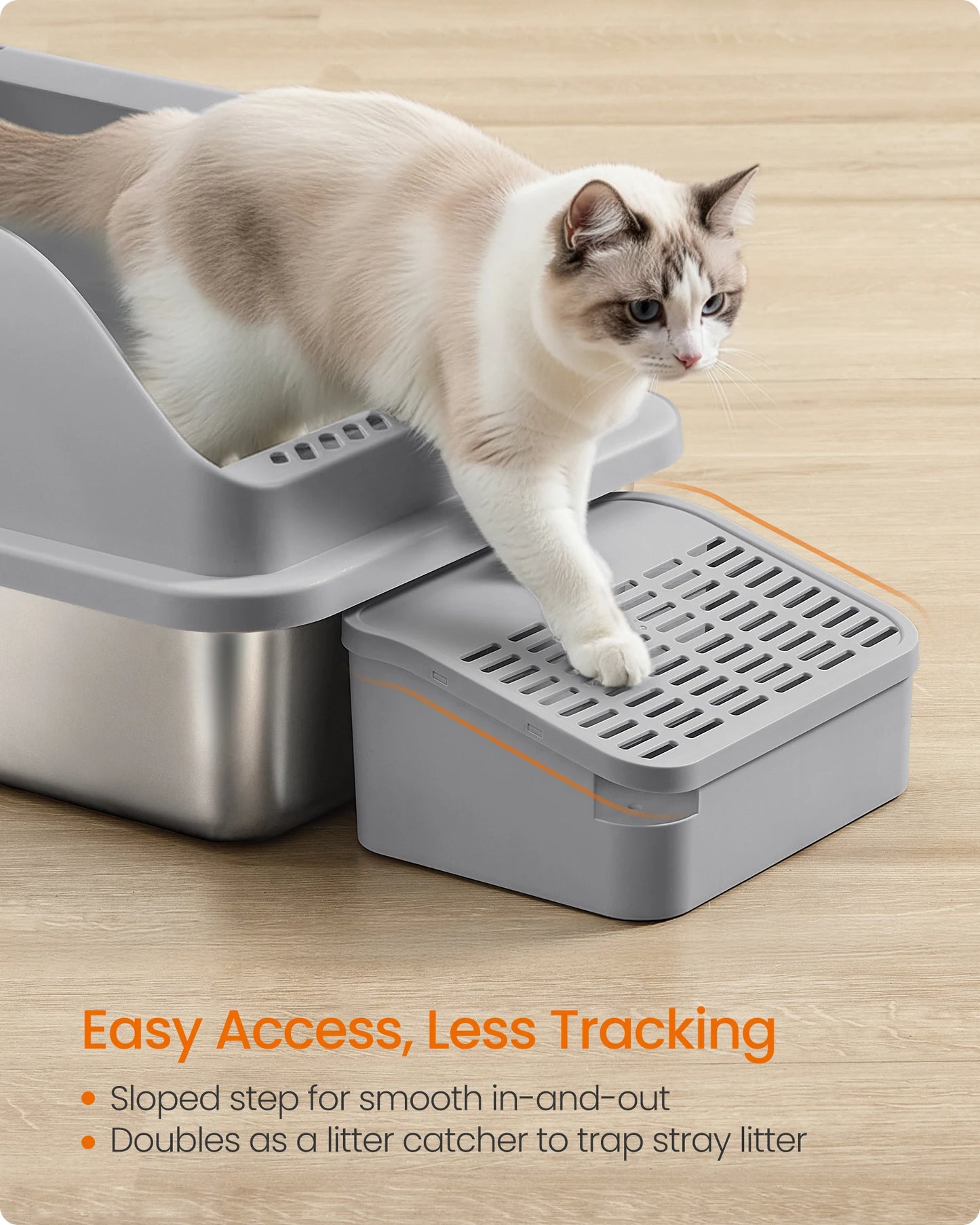 Stainless Steel Open Top Cat Litter Box — High Sided with Step, Scoop & Brush