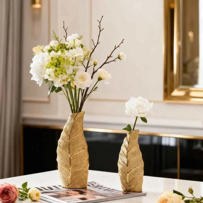 Golden Leaf Vase European-style Home Decor Ceramic Vase Living Room Entrance Hall Craft Decorative Ornament Flower Holder