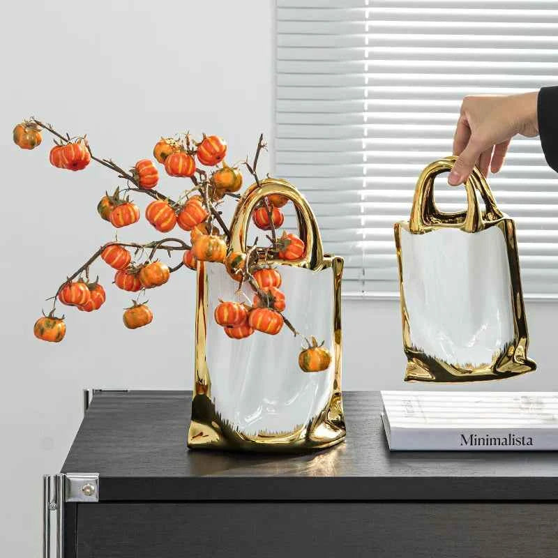 Handbag Shape Vase Gold-plated Ceramic Plant Pot Table Decoration Flower Arrangement Flowers Vases Room Aesthetic Decor