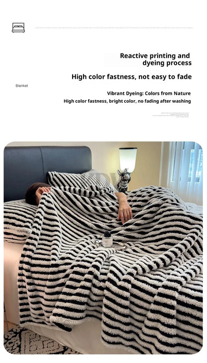 Imitation Rabbit Plush Striped Blanket Fluffy Soft Fleece Throw Blanket for Sofa Single Double Spring Autumn Warm Bed Blankets