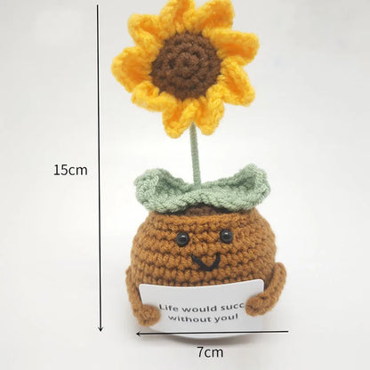 Crochet Flower Artificial Tulip Potted Finished Hand Woven Plants Knitted Sunflower Wedding Gift for Guests Home Decoration