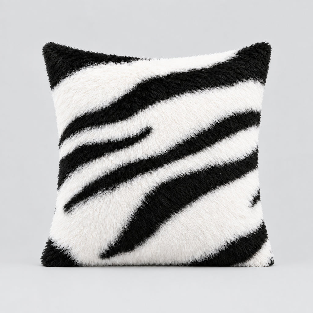 Zebra Print Faux Fur Cushion Cover, Black & White