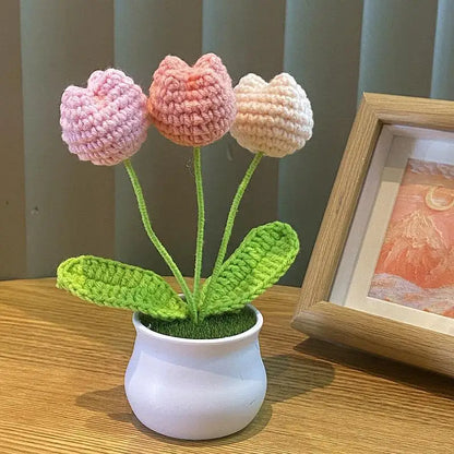DIY Handwoven Mini Potted Flower Rose Office Desktop Ornamental Potted Plants Woolen Thread Finished Product Home Decoration