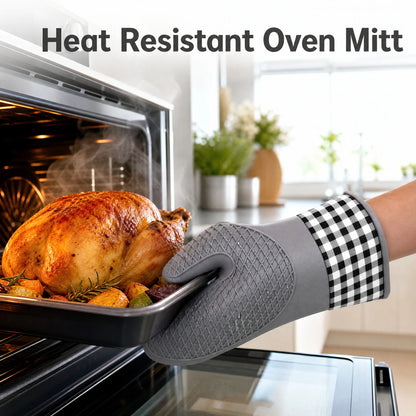 Heat Resistant Silicone Oven Mitt with Cotton Cuff for Baking, BBQ and Microwave