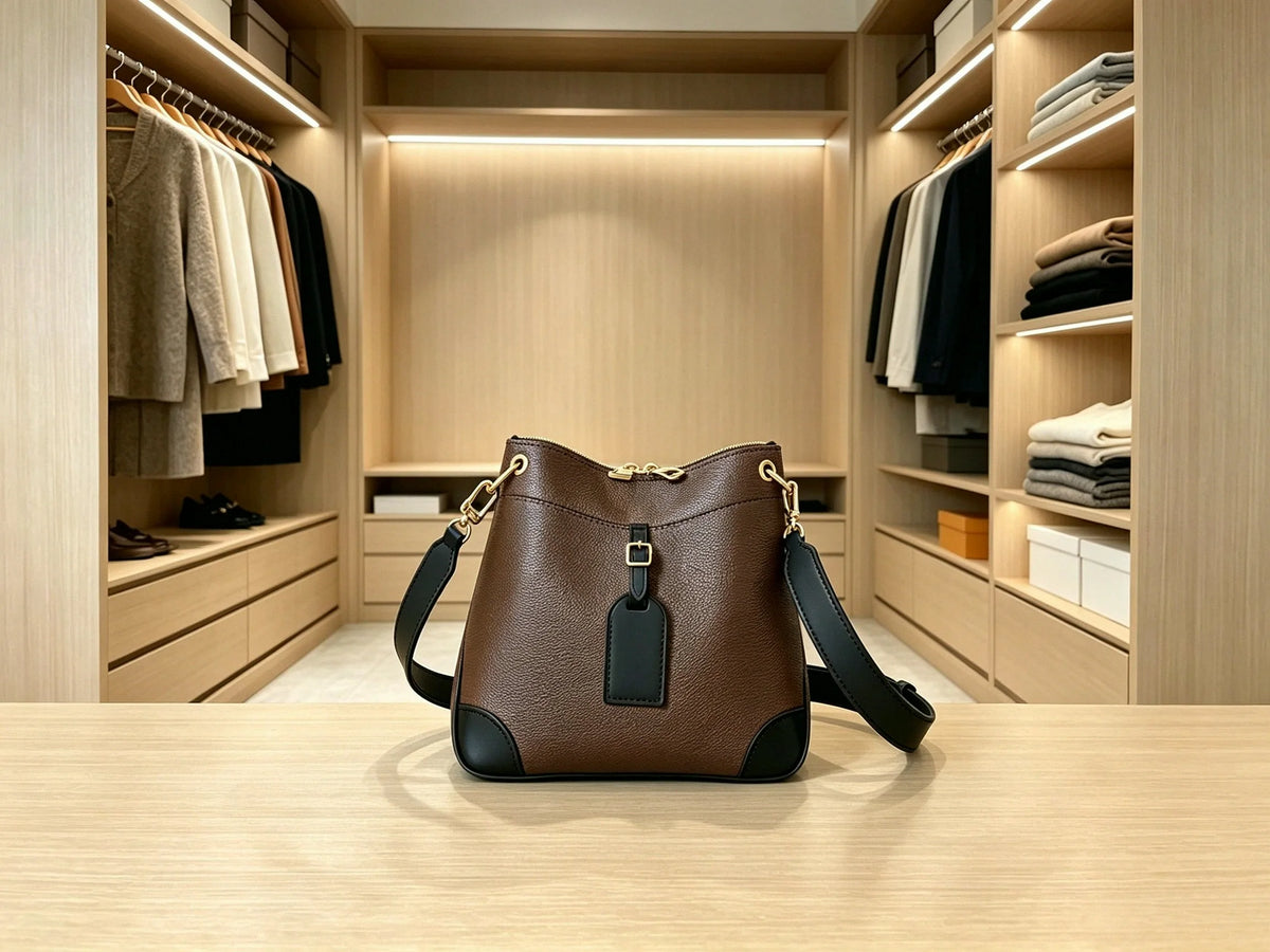 Two-Tone Grained Faux Leather Hobo Bucket Bag