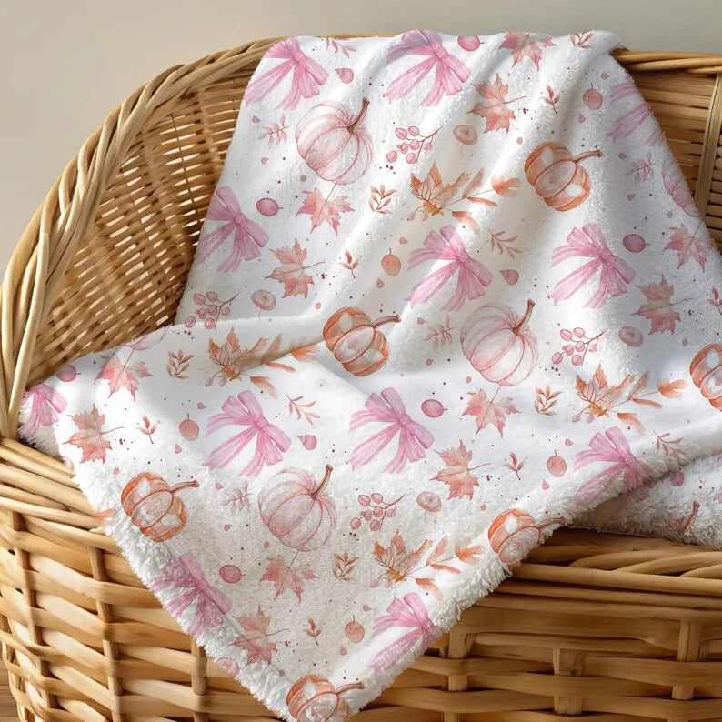 Halloween Velveteen Plush Blanket |   Whimsical Pink Pumpkin Fall Home Decor |   Cozy Autumn Dorm Room Bedding |   Cute Halloween Throw Blanket