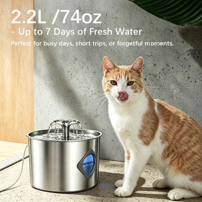 Stainless Steel Cat Water Fountain, 74oz, Quiet Pump