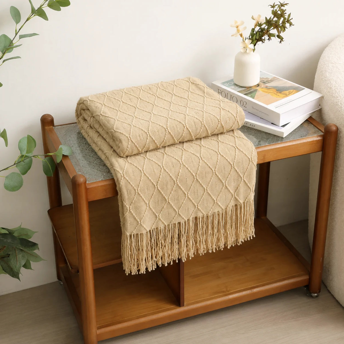 Cream Popcorn Bobble Textured Knit Throw Blanket with Tassel Fringe, Soft Knitted Decorative Blanket, Lightweight Cozy Cover for Couch Sofa Bed, Boho Farmhouse Home Decor for Living Room Bedroom