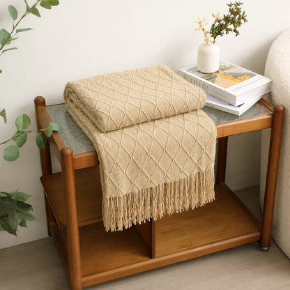 Cream Popcorn Bobble Textured Knit Throw Blanket with Tassel Fringe, Soft Knitted Decorative Blanket, Lightweight Cozy Cover for Couch Sofa Bed, Boho Farmhouse Home Decor for Living Room Bedroom