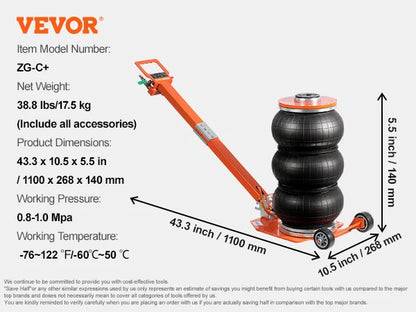 Air Jack 3/5 Ton Pneumatic Lifting Jack with Heightened Column Adjustable Handle Thick Rubber Pad for Sedan SUV Pickup
