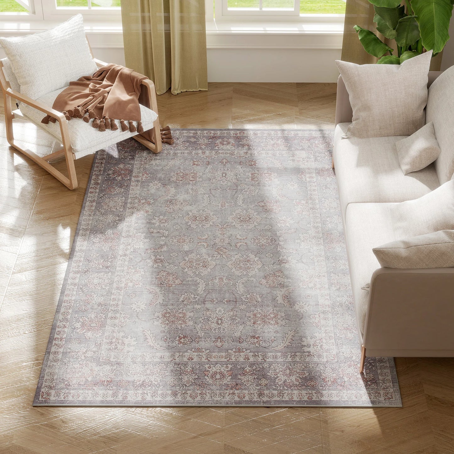 4x6 Traditional Floral Area Rug – Machine Washable Non-Slip Chenille Carpet in Grey & Brown
