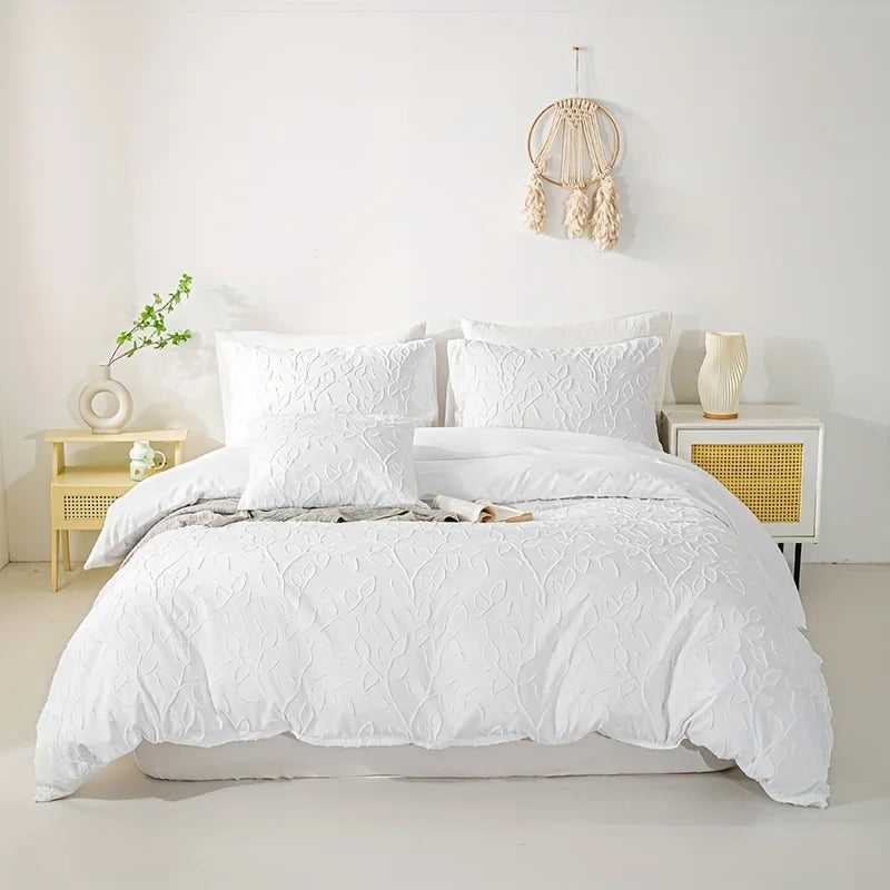 Tufted Leaf Duvet Cover Set, 3-Piece, Bohemian Cream