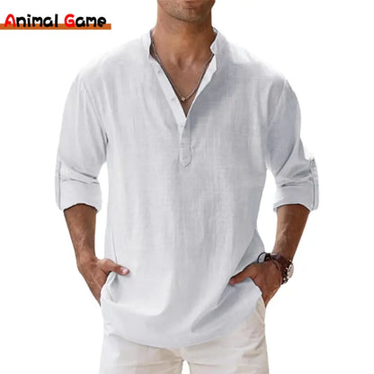 Men's Cotton Linen Long Sleeve Henley Beach Shirt — Lightweight Hawaiian T-Shirt