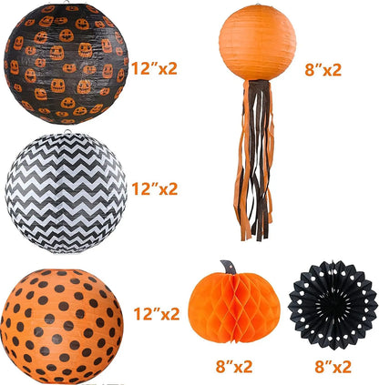 12 Pack Halloween Paper Lantern Pumpkin Set, Black Orange
