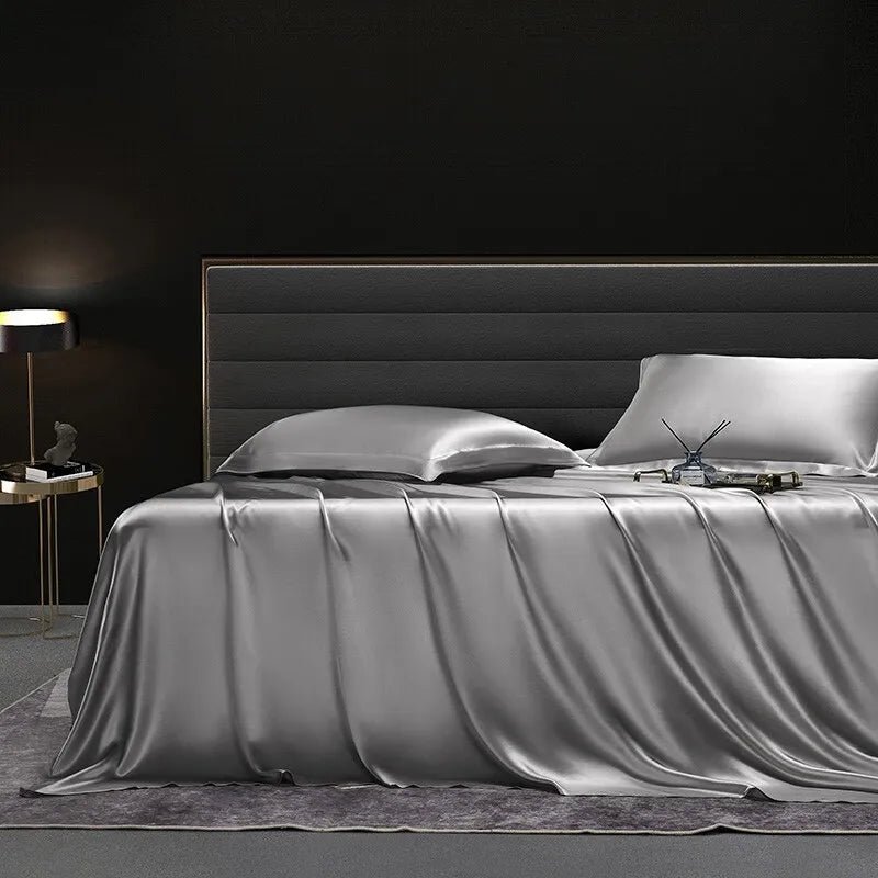 Solid 4pcs Silk Bedding Set with Duvet Cover Fitted/Flat Bed Sheet Pillowcase Bedspreads and Coverlets  Single Double Bedsheet