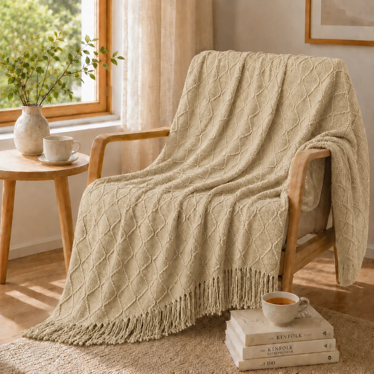 Sage Green Mixed Bobble Diamond Textured Knit Throw Blanket with Tassel Fringe, Soft Knitted Decorative Blanket, Lightweight Cozy Cover for Couch Sofa Bed, Boho Farmhouse Home Decor for Living Room Bedroom