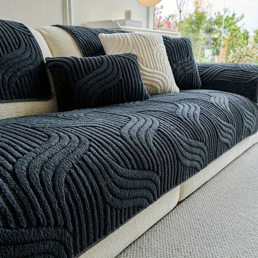 Cream Striped Velvet Sofa Cover, Non-Slip