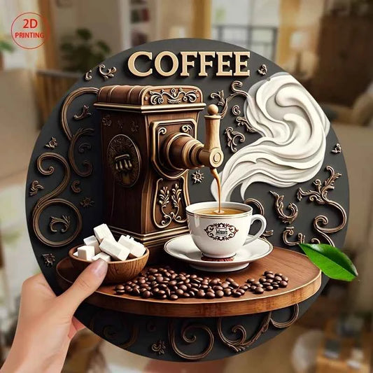 1 Piece 2D Wooden Hanging Sign Coffee Maker Theme 8 Inch Round Sign Home Bar Garage Cafe Garden Decoration