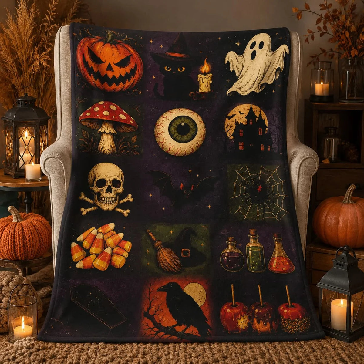 Vintage Spooky Halloween Patchwork Blanket Pumpkin Ghost Skull Gothic Room Decor Cozy Throw JDOH18