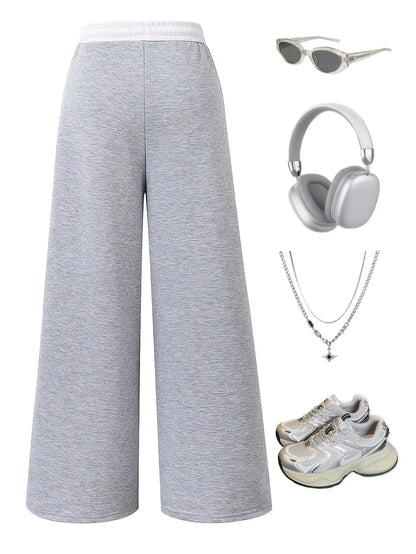 Kids Girls Contrast Line Drawstring Waist Baggy Wide Leg Heather Gray Casual Sport Sweatpants