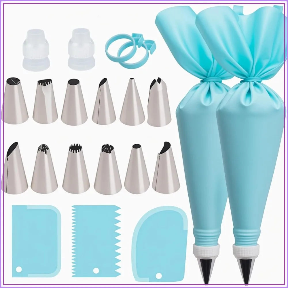 21-Piece Cake Decorating Kit | Reusable Silicone Piping Bags & Tips Set
