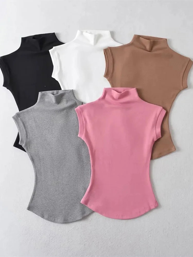 Women's Turtleneck Sleeveless T-Shirt — Solid Slim Fit Casual Streetwear Tee