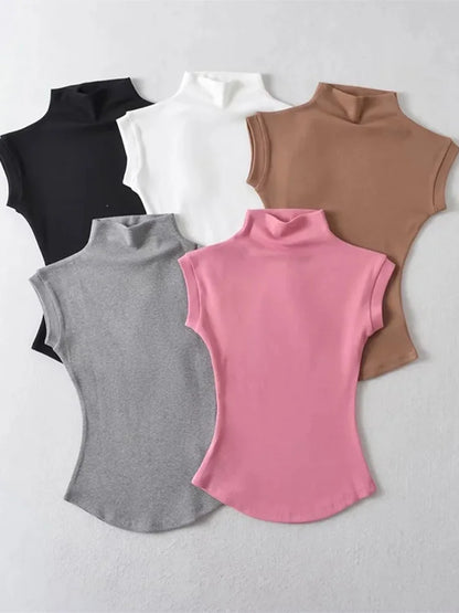 Women's Turtleneck Sleeveless T-Shirt — Solid Slim Fit Casual Streetwear Tee
