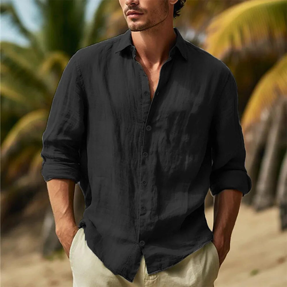 Men's Cotton Linen Hawaiian Casual Shirt — Turn Down Collar Solid Breathable White Shirt