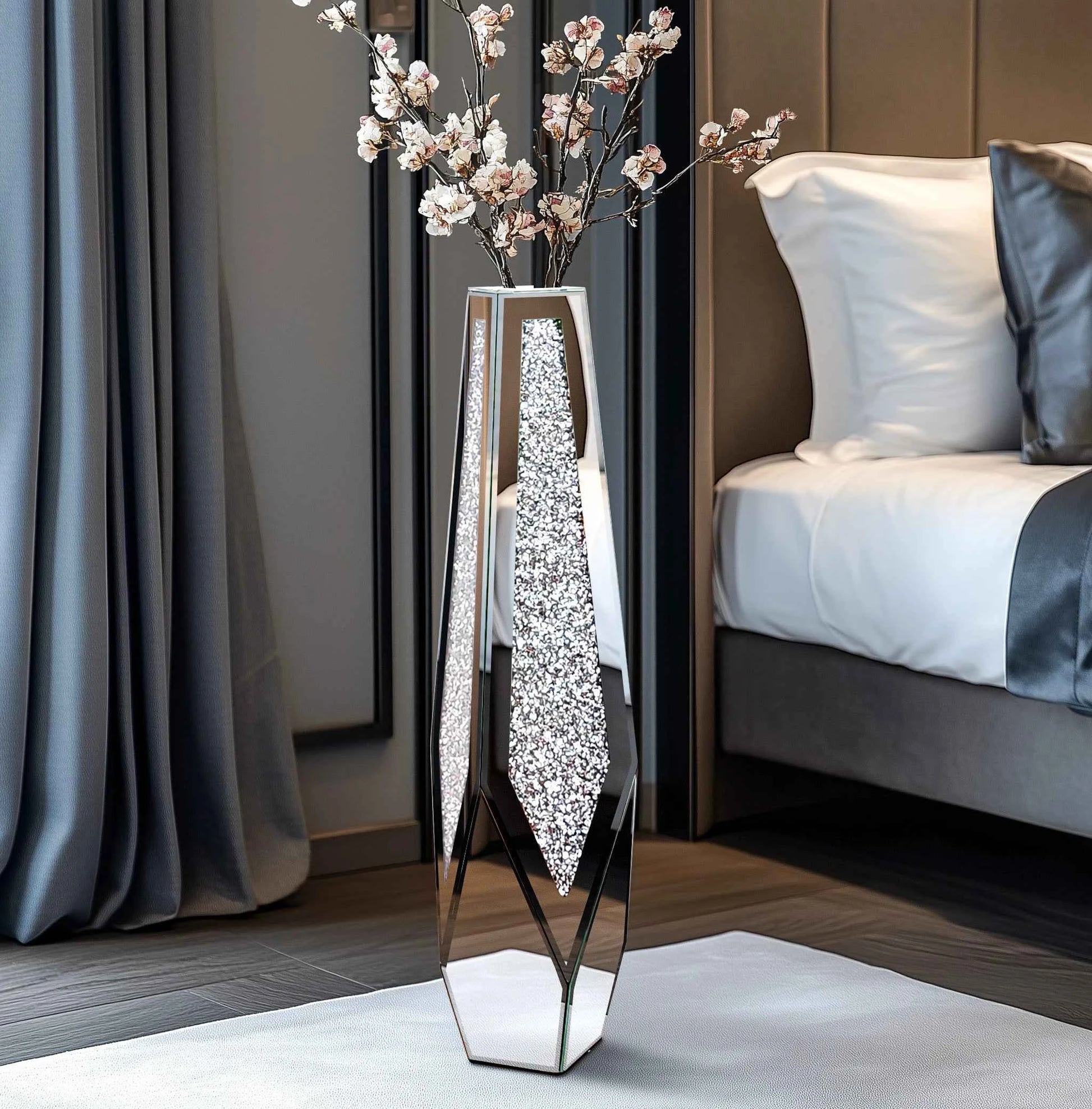 Tall Floor Mirror Vase, Large Crushed Diamond Glass Vase for Home Decor Modern Crystal Centerpiece for Living Room Wedding Hotel