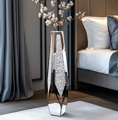 Tall Floor Mirror Vase, Large Crushed Diamond Glass Vase for Home Decor Modern Crystal Centerpiece for Living Room Wedding Hotel