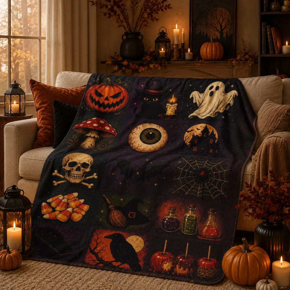 Vintage Spooky Halloween Patchwork Blanket Pumpkin Ghost Skull Gothic Room Decor Cozy Throw JDOH18
