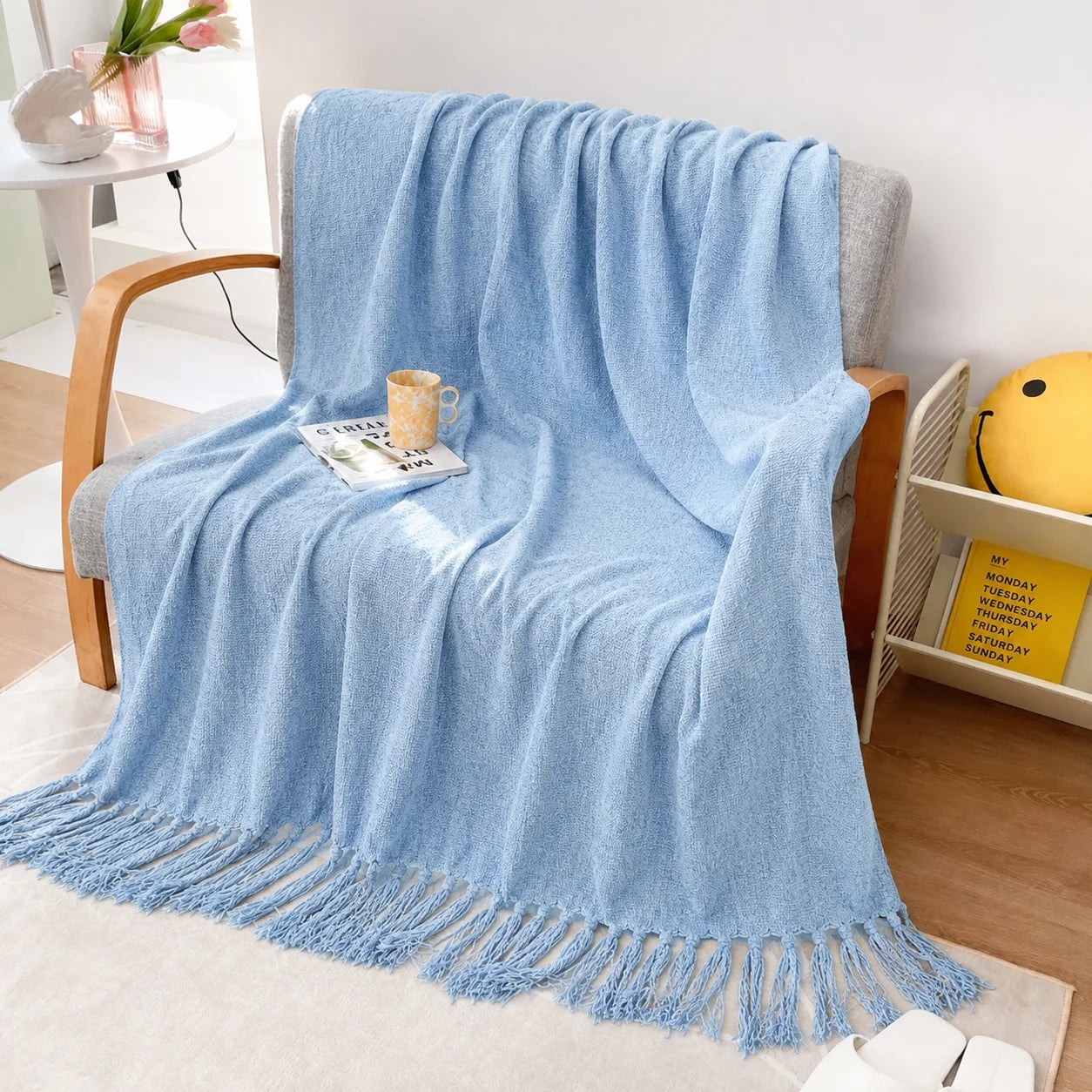 Sage Green Diamond Knit Throw Blanket with Tassels