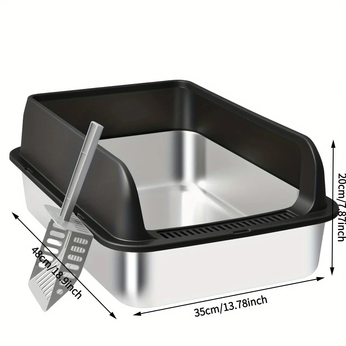 Stainless Steel Cat Litter Box with High Walls — Scoop & Metal Tray