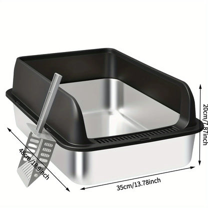 Stainless Steel Cat Litter Box with High Walls — Scoop & Metal Tray