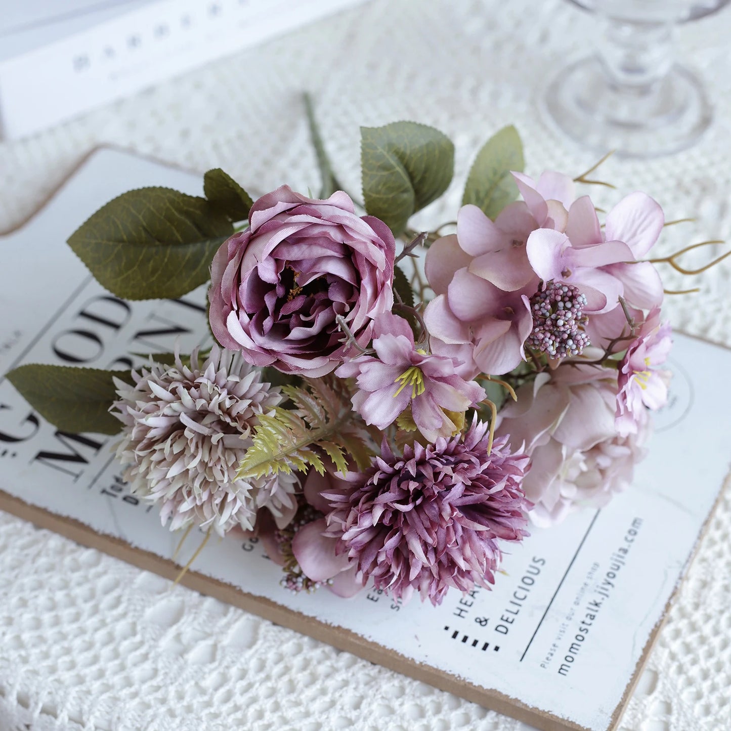 1PC Artificial RosesFlowers New Year's Home Decoration Wedding Bridal Bouquet Garden Fake Silk Peony Hydrangeas Vase for Board