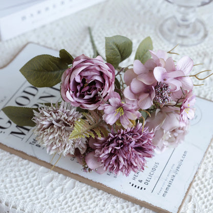 1PC Artificial RosesFlowers New Year's Home Decoration Wedding Bridal Bouquet Garden Fake Silk Peony Hydrangeas Vase for Board