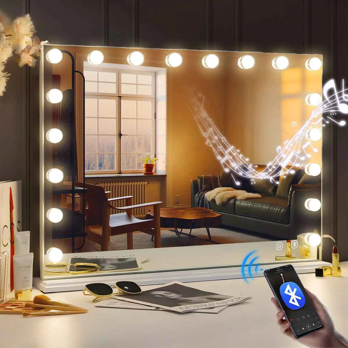 Large Vanity Mirror With Lights And Bluetooth Speakers Dimmable LED Lights With 10 Times Magnification USB Port for Woman Makeup