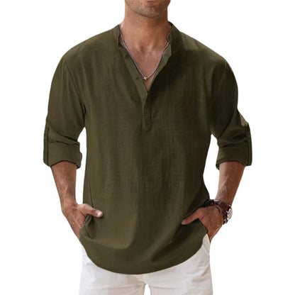 Men's Cotton Linen Long Sleeve Henley Beach Shirt — Lightweight Hawaiian T-Shirt