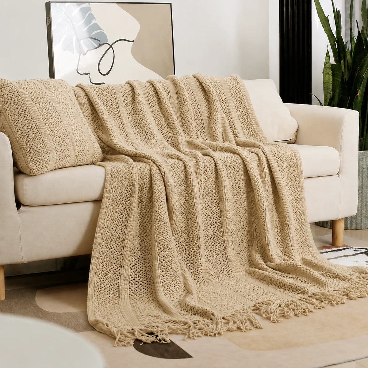 Beige Openwork Textured Knit Throw Blanket with Tassel Fringe, Soft Knitted Decorative Blanket, Lightweight Cozy Cover for Couch Sofa Bed, Boho Farmhouse Home Decor for Living Room Bedroom