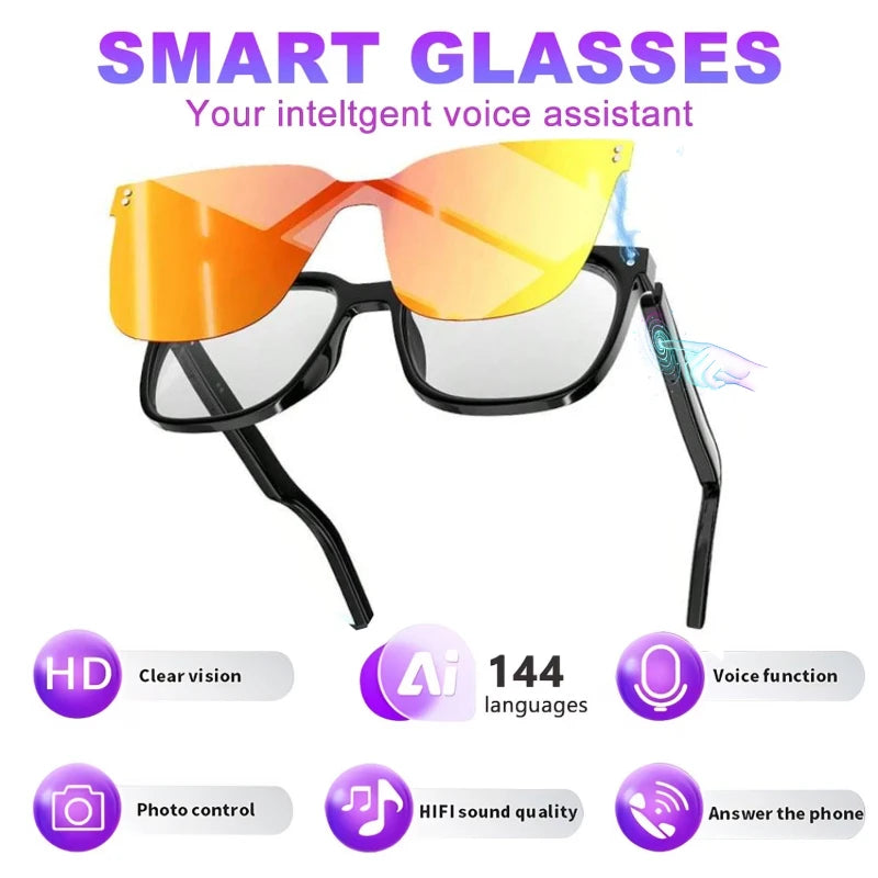 AI Translation Smart Glasses – 100+ Languages, Blue-Light Blocking, Magnetic Clip-On, 360° Stereo