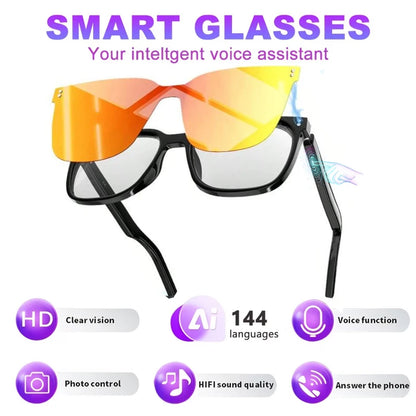 AI Translation Smart Glasses – 100+ Languages, Blue-Light Blocking, Magnetic Clip-On, 360° Stereo